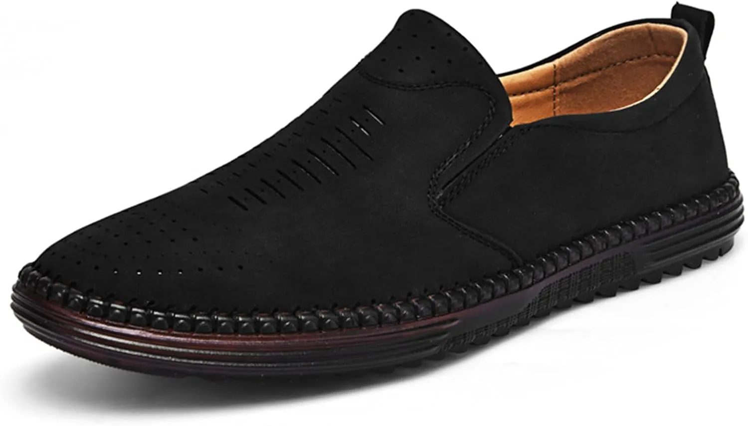 Men's Hand-Sewn Leather Flat Loafers Comfortable Cowhide Soles Non-Slip Slip-On Walking Shoes Summer Breathable Driving Shoes