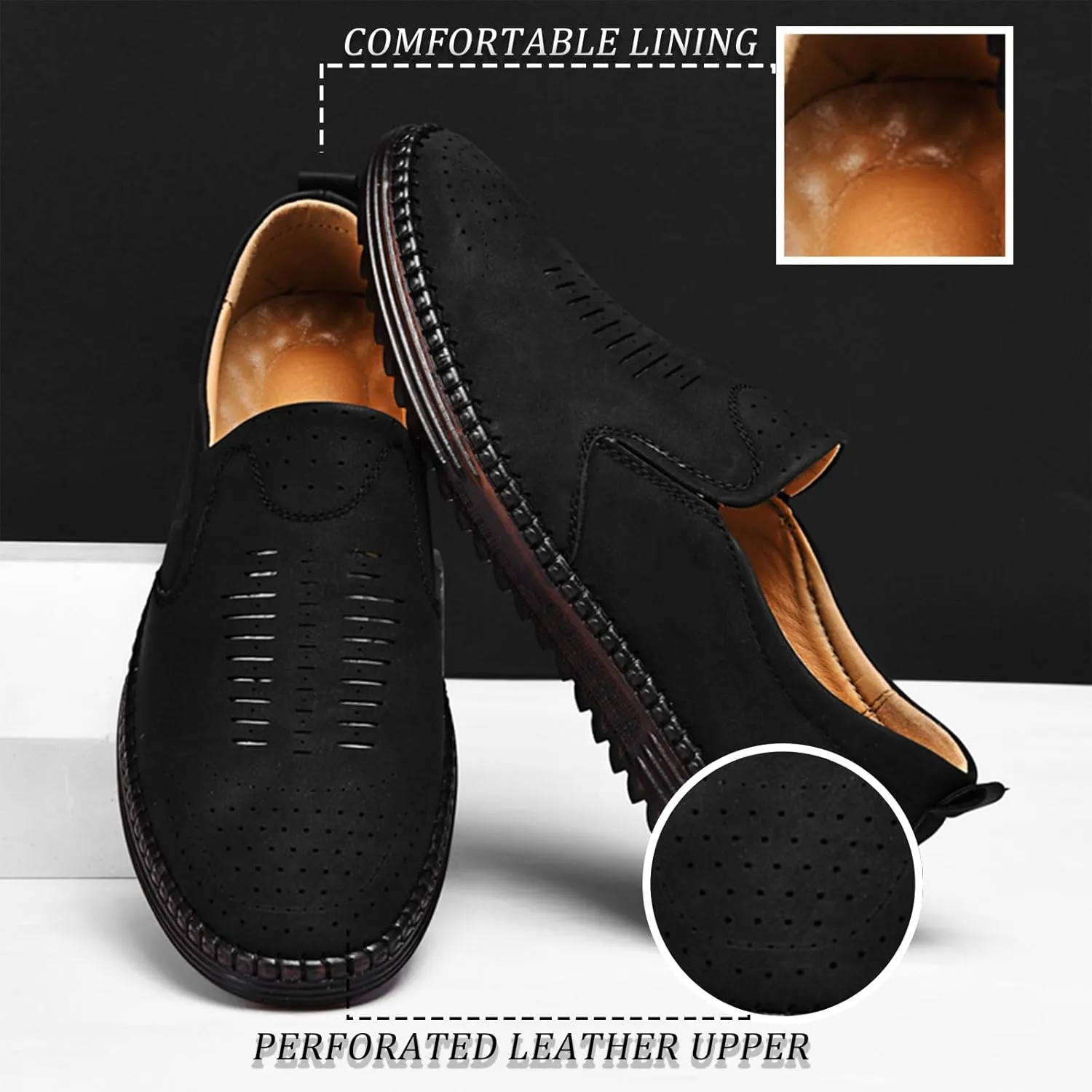 Men's Hand-Sewn Leather Flat Loafers Comfortable Cowhide Soles Non-Slip Slip-On Walking Shoes Summer Breathable Driving Shoes