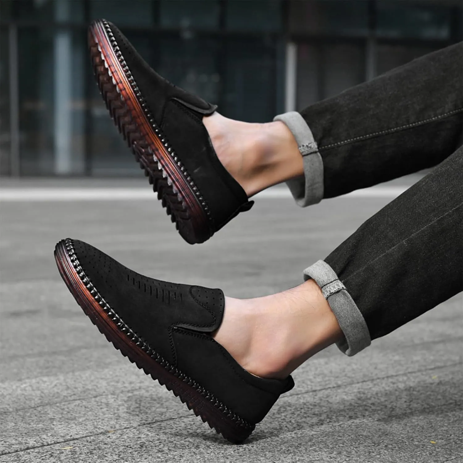 Men's Hand-Sewn Leather Flat Loafers Comfortable Cowhide Soles Non-Slip Slip-On Walking Shoes Summer Breathable Driving Shoes