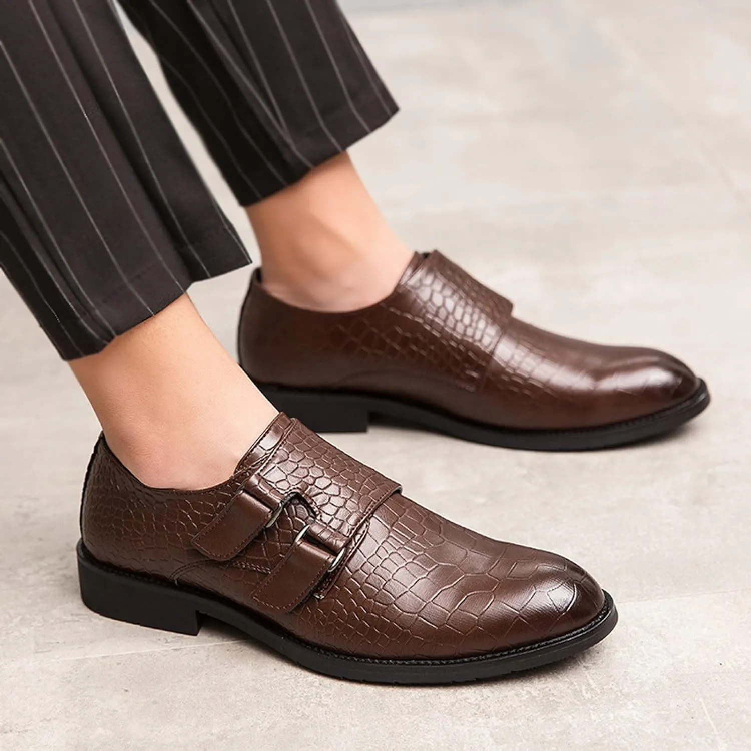 Men's Leather Print Slip-on Dressy Loafers,Fashion Double Monk Strap Business Casual Brogue Shoes,Comfortable Non-Slip Wedding Formal Shoes