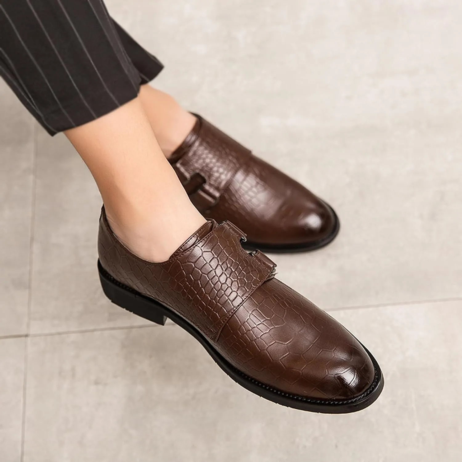 Men's Leather Print Slip-on Dressy Loafers,Fashion Double Monk Strap Business Casual Brogue Shoes,Comfortable Non-Slip Wedding Formal Shoes
