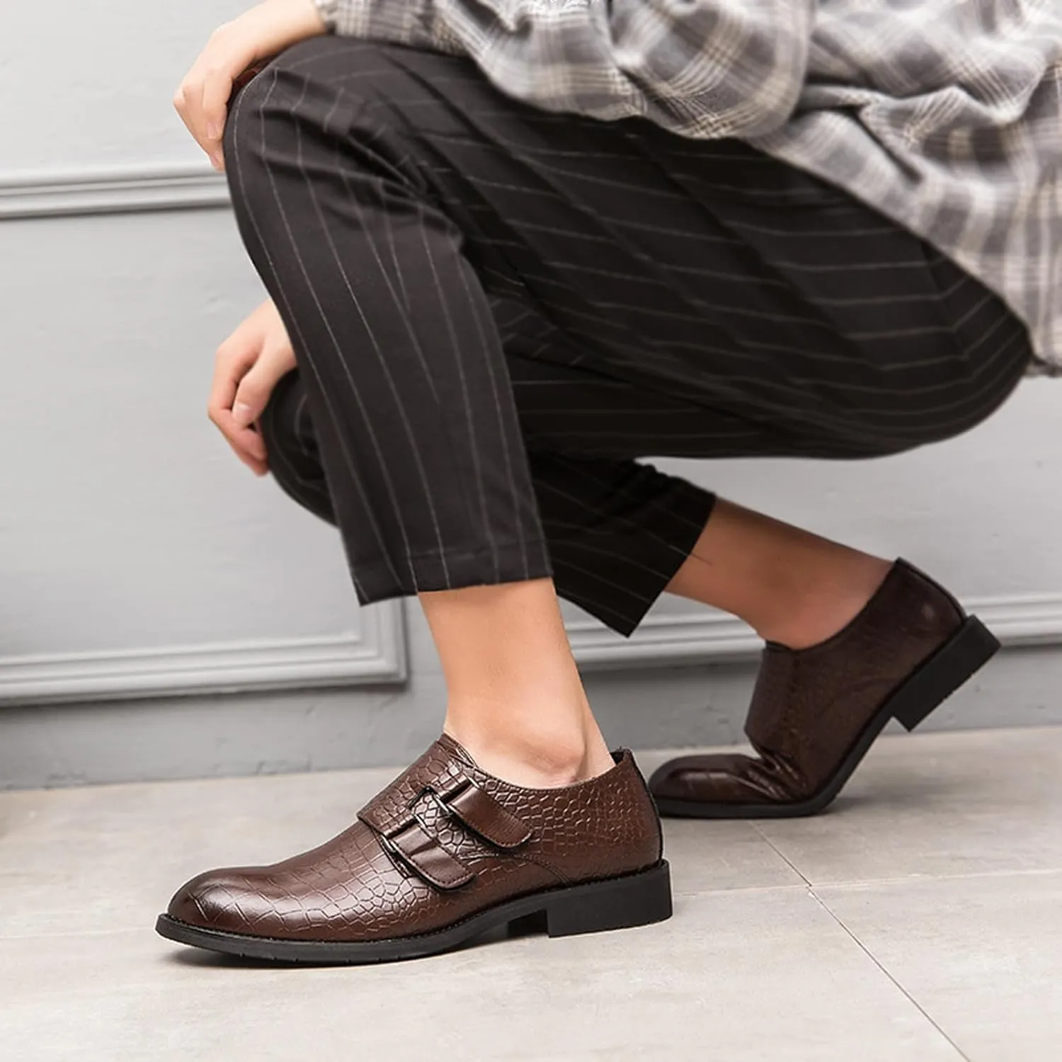 Men's Leather Print Slip-on Dressy Loafers,Fashion Double Monk Strap Business Casual Brogue Shoes,Comfortable Non-Slip Wedding Formal Shoes