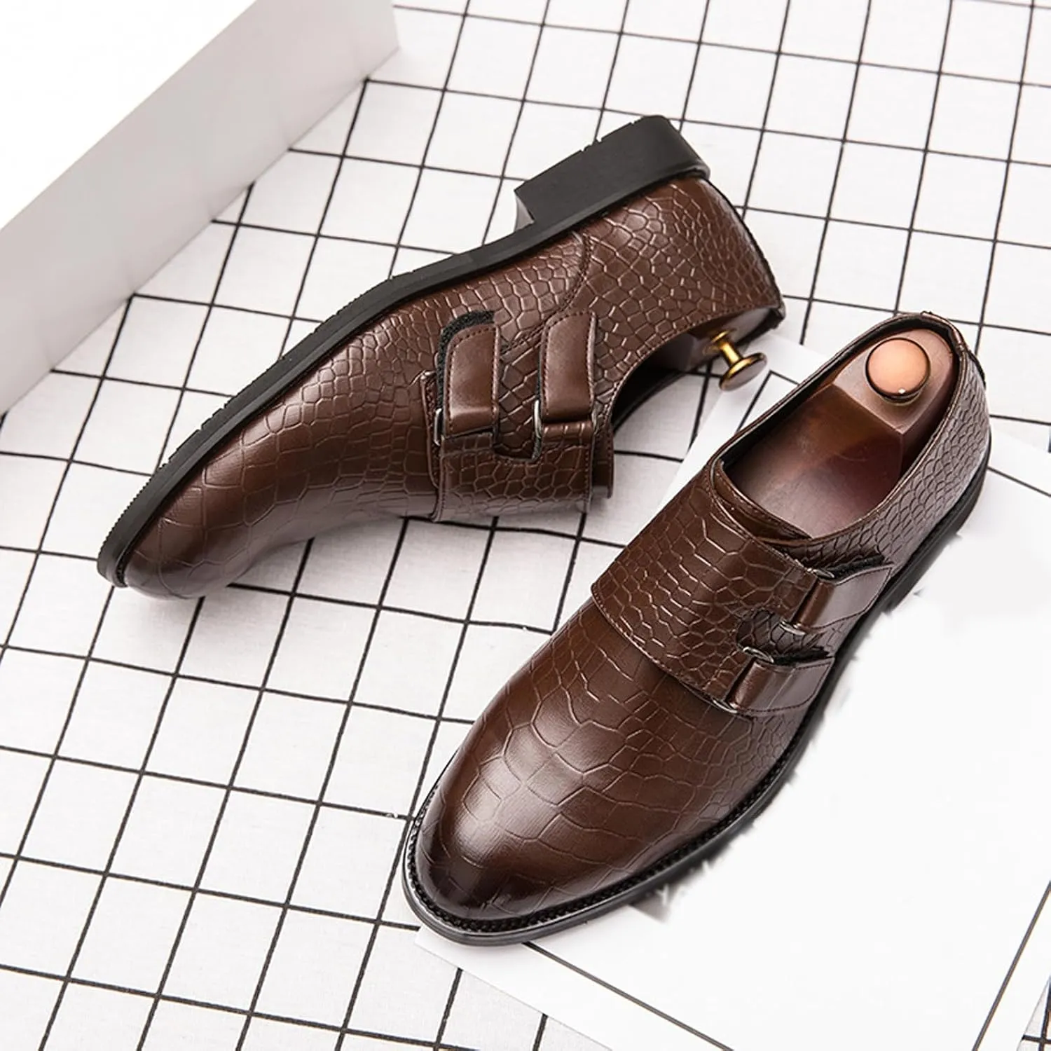 Men's Leather Print Slip-on Dressy Loafers,Fashion Double Monk Strap Business Casual Brogue Shoes,Comfortable Non-Slip Wedding Formal Shoes