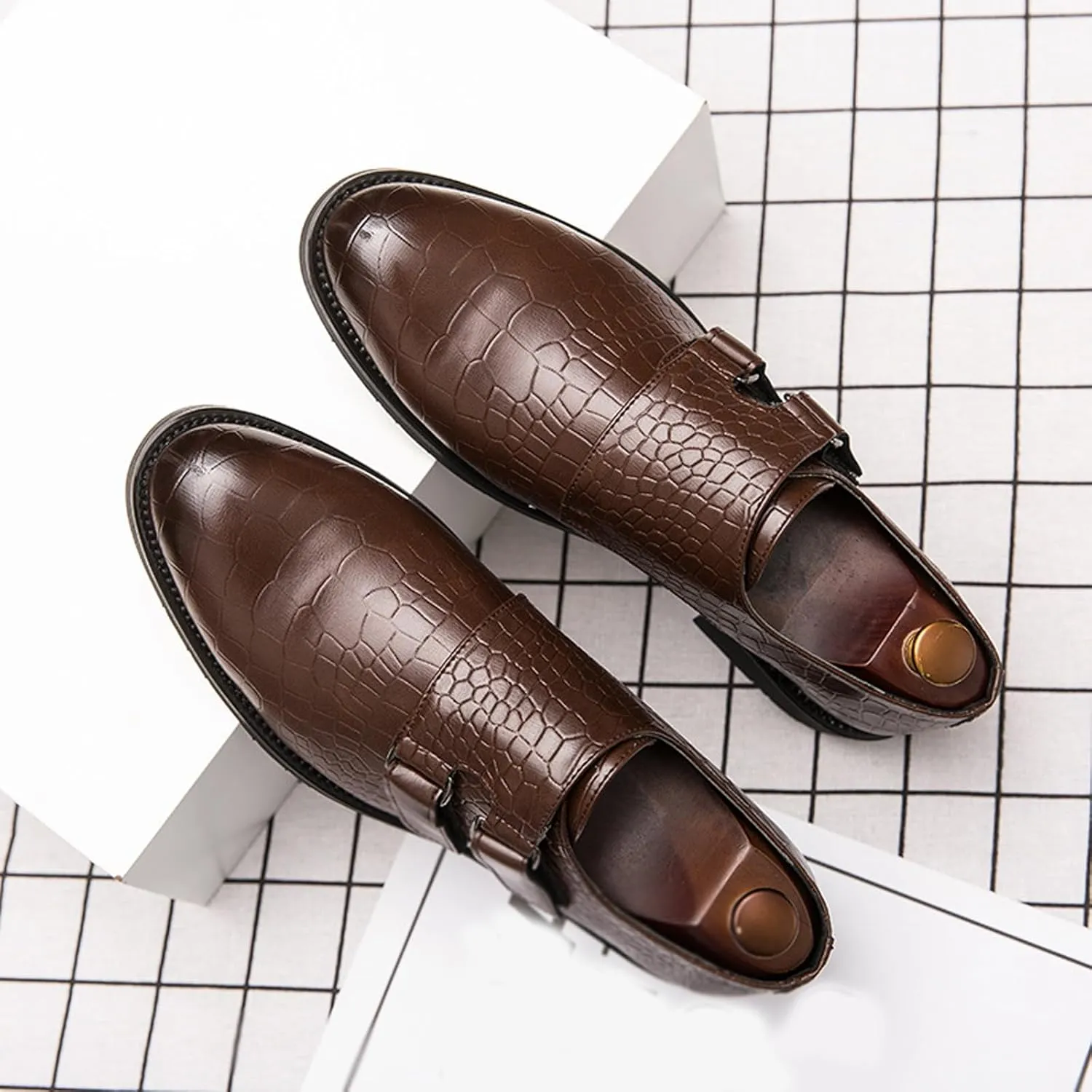 Men's Leather Print Slip-on Dressy Loafers,Fashion Double Monk Strap Business Casual Brogue Shoes,Comfortable Non-Slip Wedding Formal Shoes