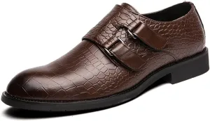 Men's Leather Print Slip-on Dressy Loafers,Fashion Double Monk Strap Business Casual Brogue Shoes,Comfortable Non-Slip Wedding Formal Shoes