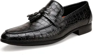 Mens Leather Tassel Loafer, Classic Luxury Smooth Upper Tassel Slip-on Penny Loafer for Mens, Black