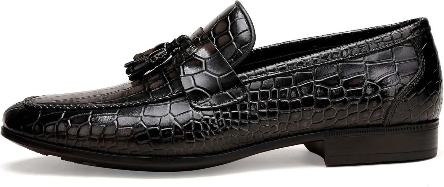 Mens Leather Tassel Loafer, Classic Luxury Smooth Upper Tassel Slip-on Penny Loafer for Mens, Black