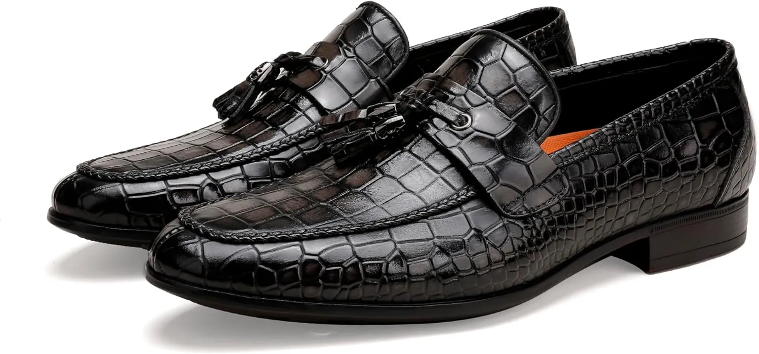 Mens Leather Tassel Loafer, Classic Luxury Smooth Upper Tassel Slip-on Penny Loafer for Mens, Black