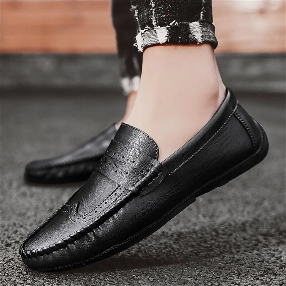 Mens Loafers Round Toe PU Leather Flat Heel Lightweight Anti-Slip Breathable Party Wedding Loafers