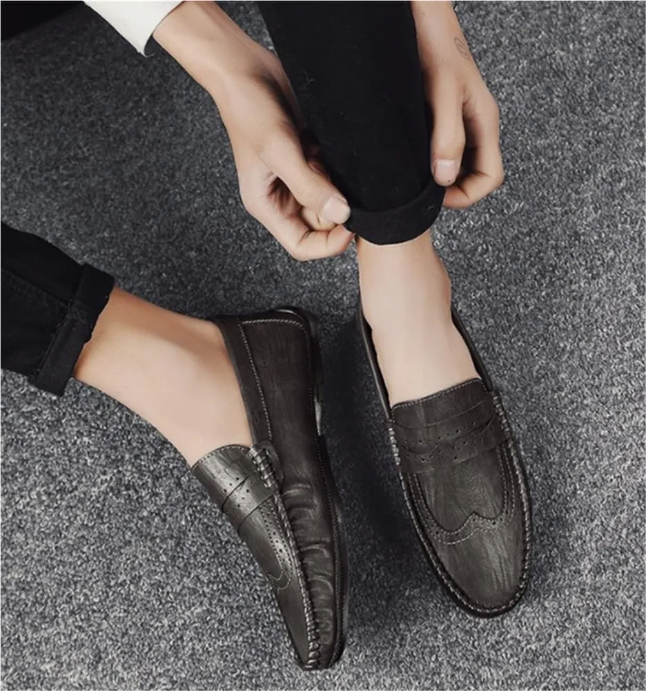 Mens Loafers Round Toe PU Leather Flat Heel Lightweight Anti-Slip Breathable Party Wedding Loafers