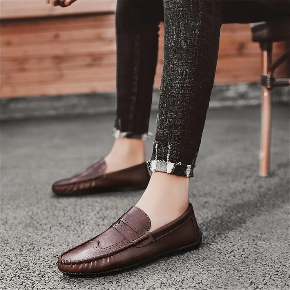 Mens Loafers Round Toe PU Leather Flat Heel Lightweight Anti-Slip Breathable Party Wedding Loafers