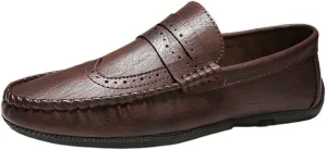Mens Loafers Round Toe PU Leather Flat Heel Lightweight Anti-Slip Breathable Party Wedding Loafers