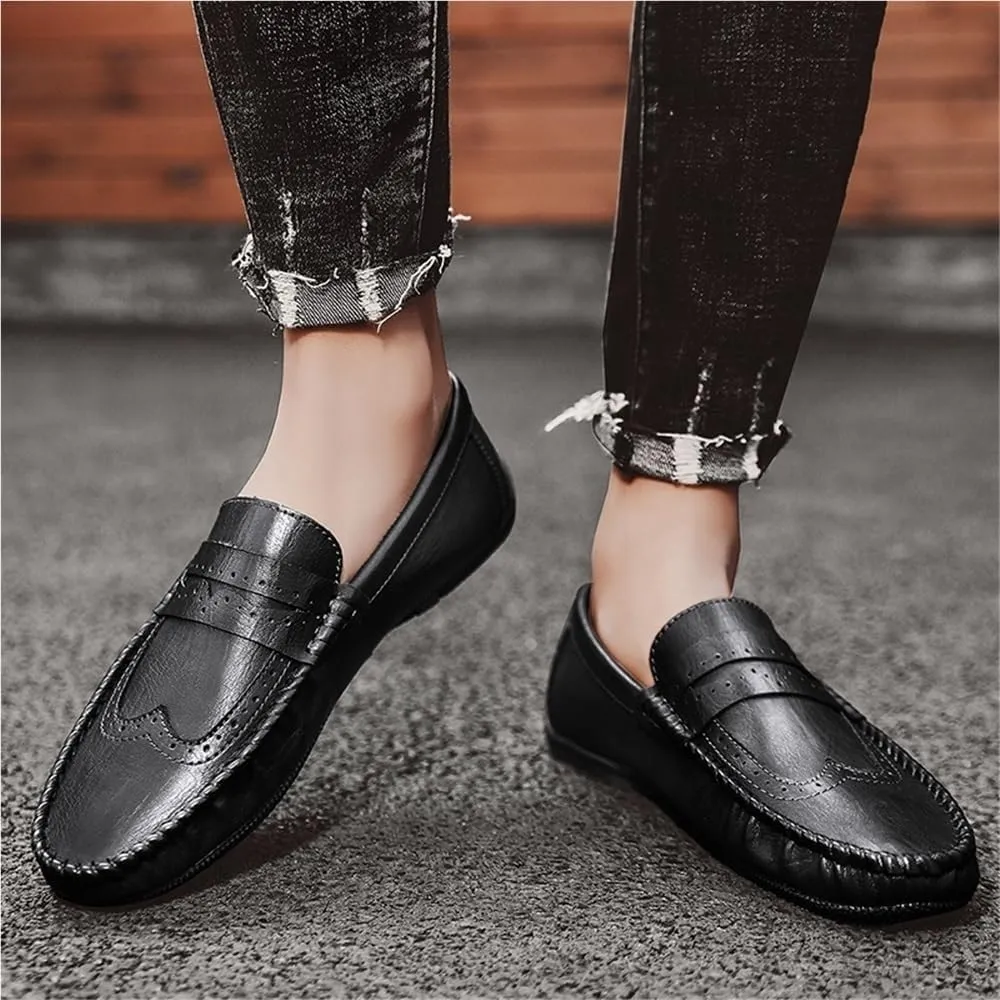 Mens Loafers Round Toe PU Leather Flat Heel Lightweight Anti-Slip Breathable Party Wedding Loafers