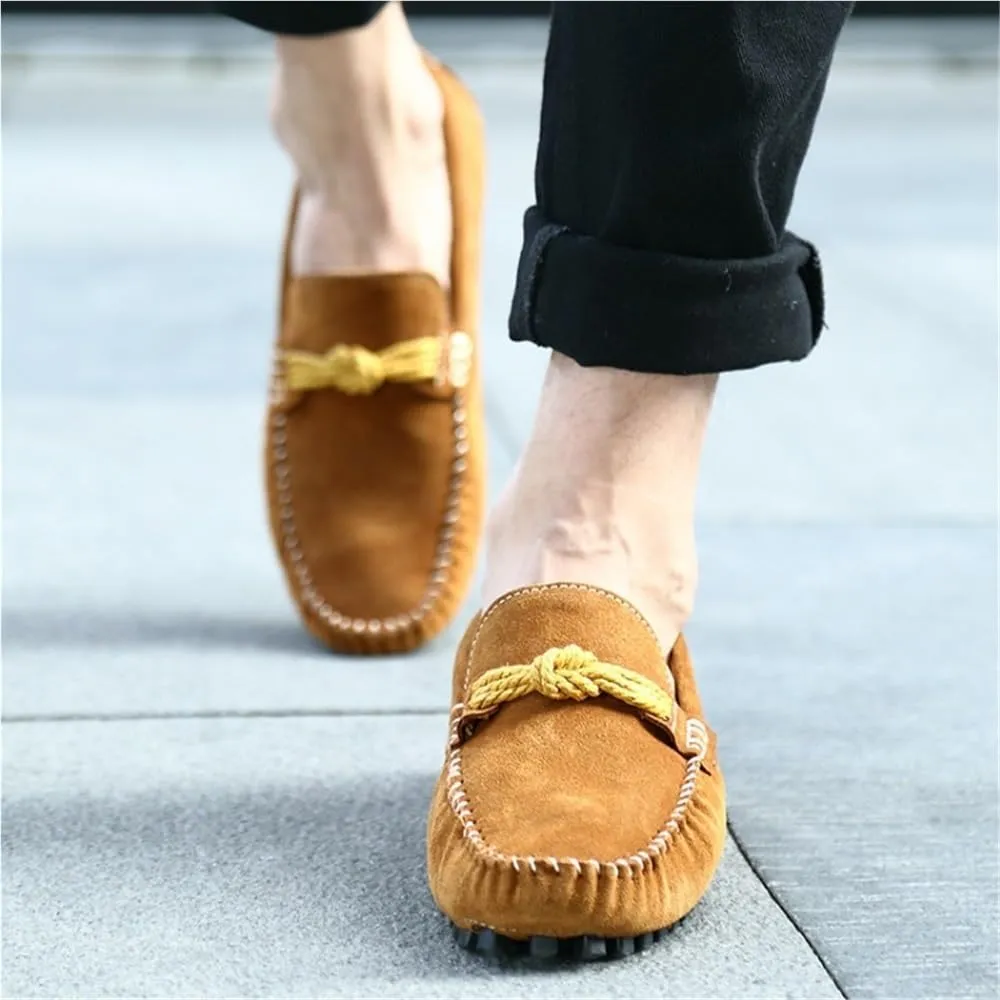 Mens Loafers Slip On Suede Round Toe Breathable Lightweight Casual Shoes Flexible Sole Resistant Rope Tie Party Dress Shoes