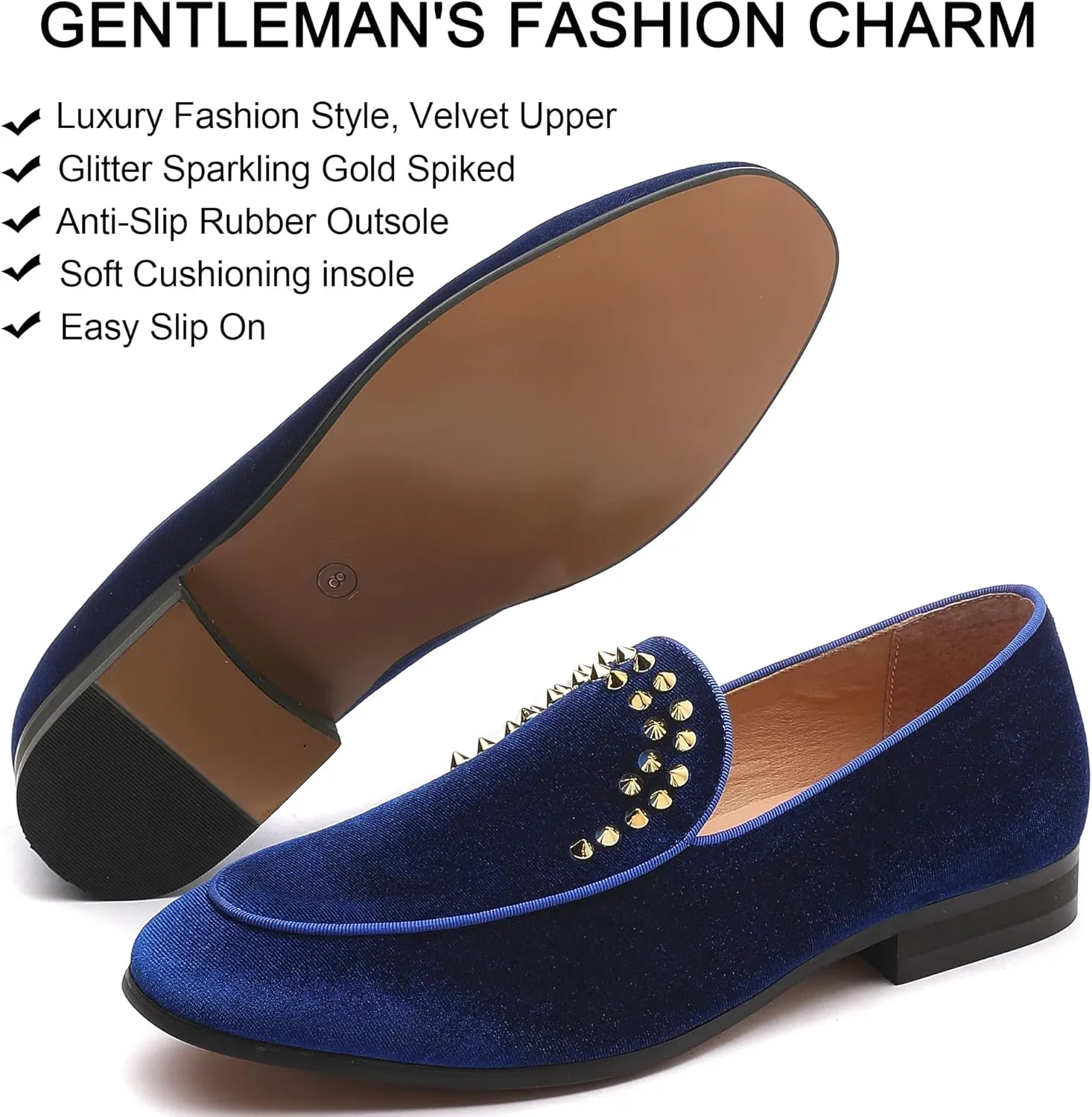 Men's Luxury Velvet Penny Loafers with Fashion Spiked, Casual Penny Loafers for Men, Noble Slip-on Dress Loafers Glitter Suede Smoking Slippers (Black)