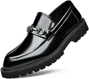 Men's Patent Leather Chunky Heel Penny Loafers Vintage Metal Decoration Slip-On Casual Formal Work Shoes Lug Sole Non-Slip Loafers
