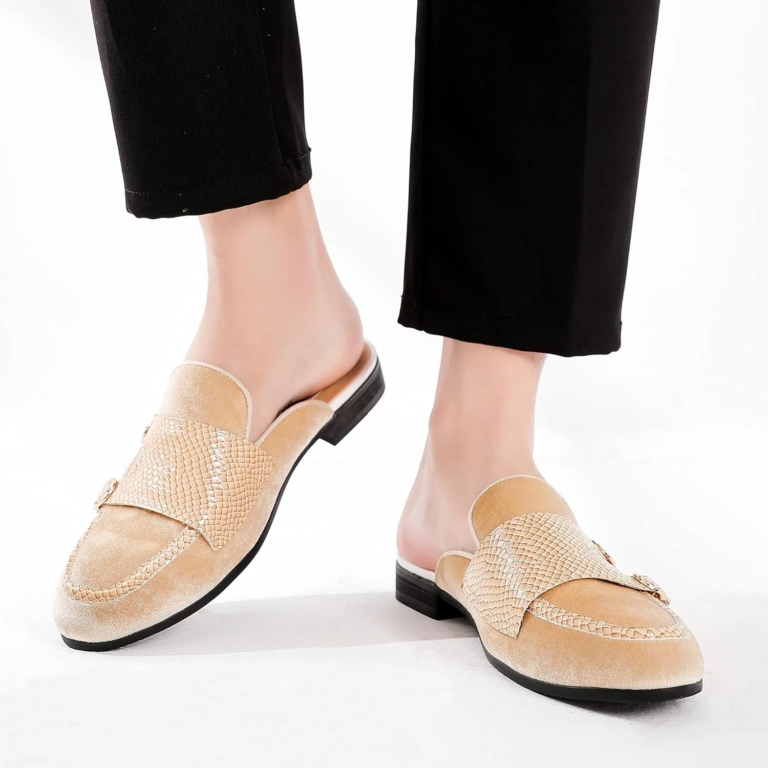 Men's Slip-on Mule Sandals Loafer with Gold Buckle,Fashion Leather Formal Wear Casual Backless Dress Slippers