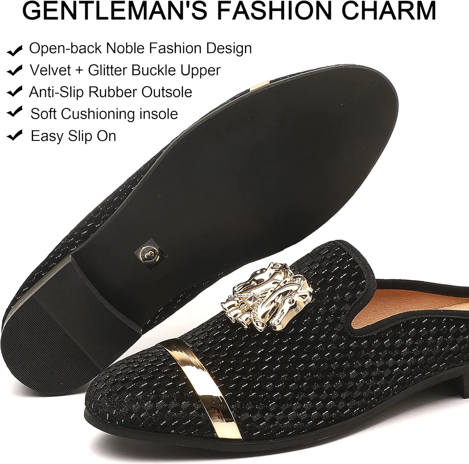 Men's Slip-on Mule Sandals Loafer with Gold Buckle,Fashion Leather Formal Wear Casual Backless Dress Slippers