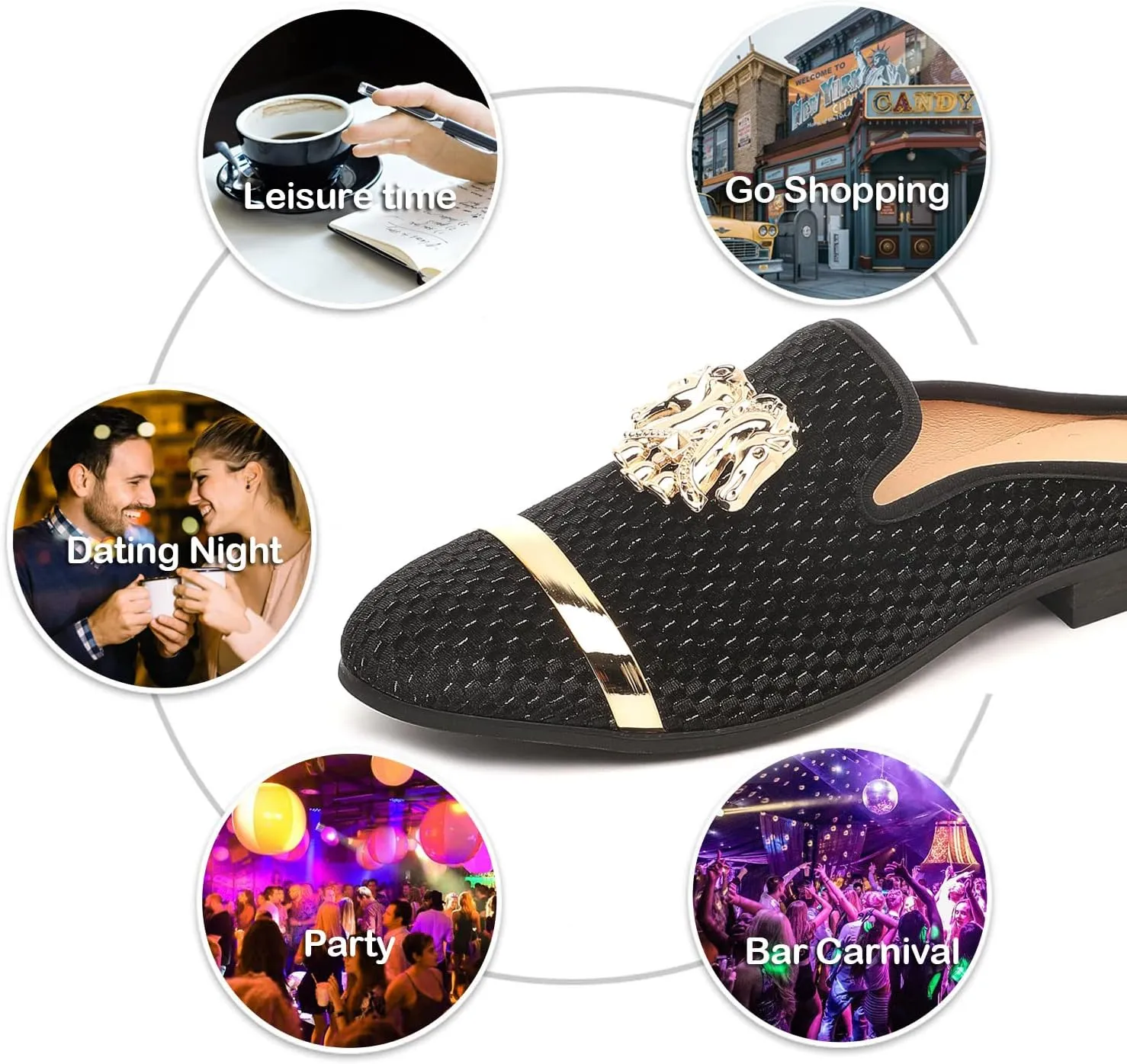 Men's Slip-on Mule Sandals Loafer with Gold Buckle,Fashion Leather Formal Wear Casual Backless Dress Slippers