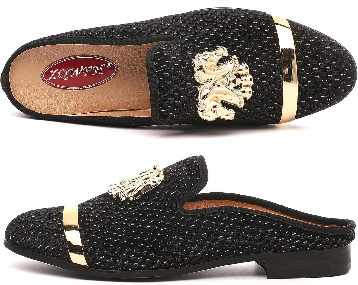 Men's Slip-on Mule Sandals Loafer with Gold Buckle,Fashion Leather Formal Wear Casual Backless Dress Slippers