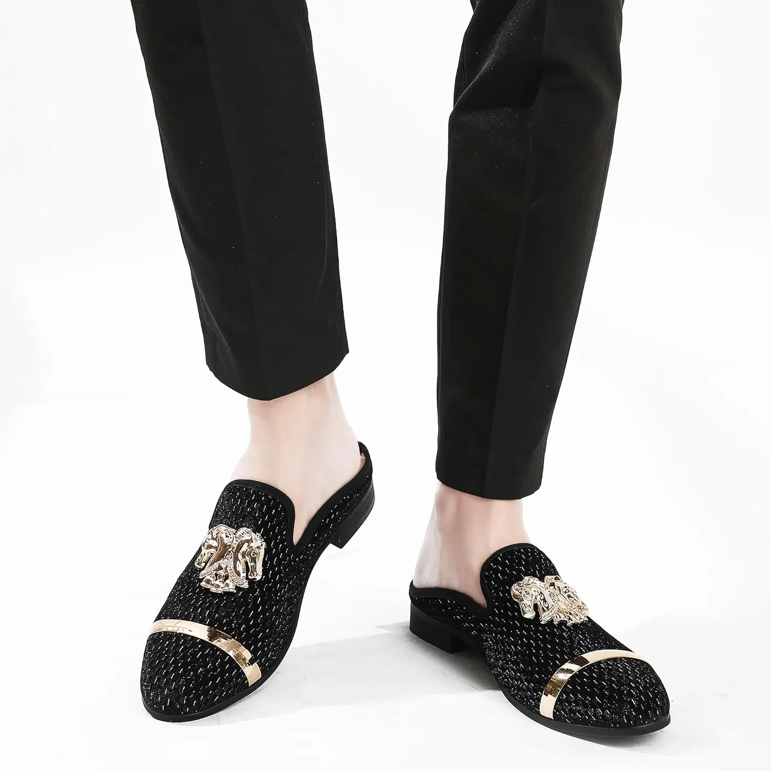 Men's Slip-on Mule Sandals Loafer with Gold Buckle,Fashion Leather Formal Wear Casual Backless Dress Slippers