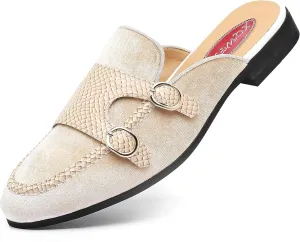 Men's Slip-on Mule Sandals Loafer with Gold Buckle,Fashion Leather Formal Wear Casual Backless Dress Slippers
