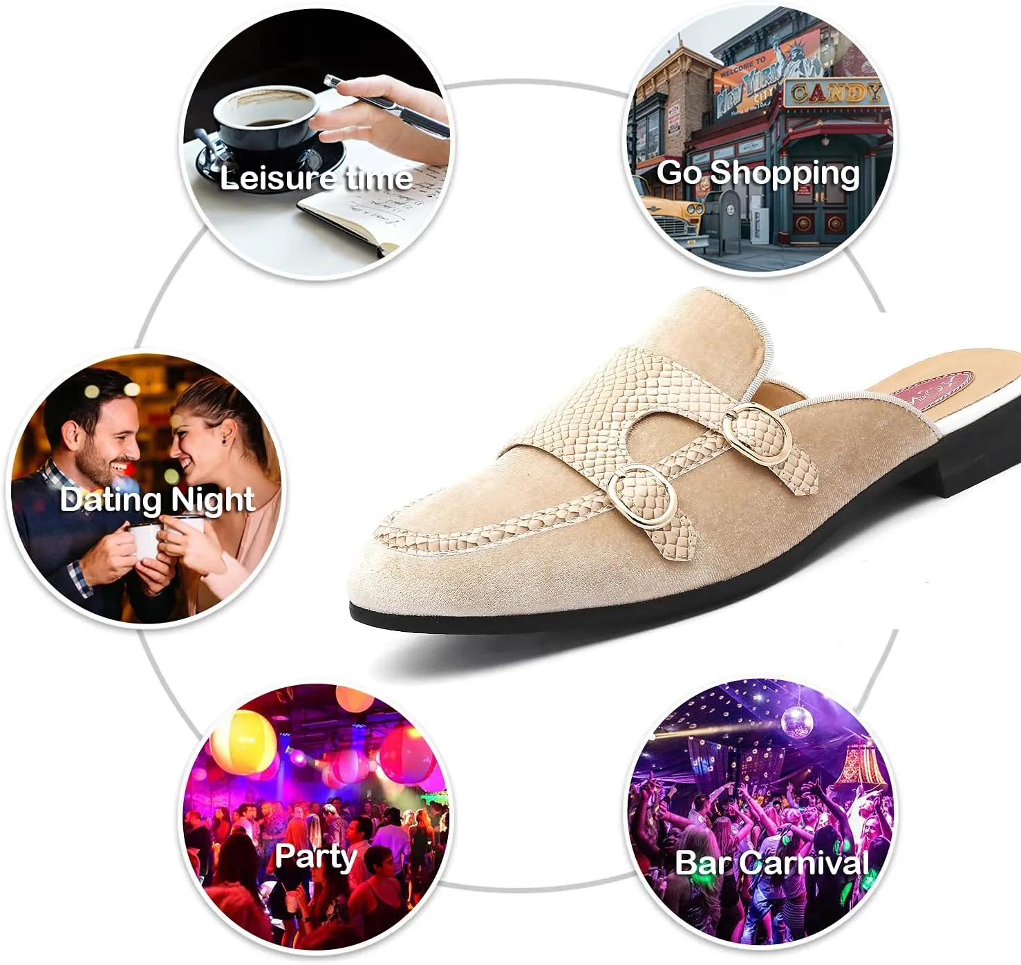 Men's Slip-on Mule Sandals Loafer with Gold Buckle,Fashion Leather Formal Wear Casual Backless Dress Slippers