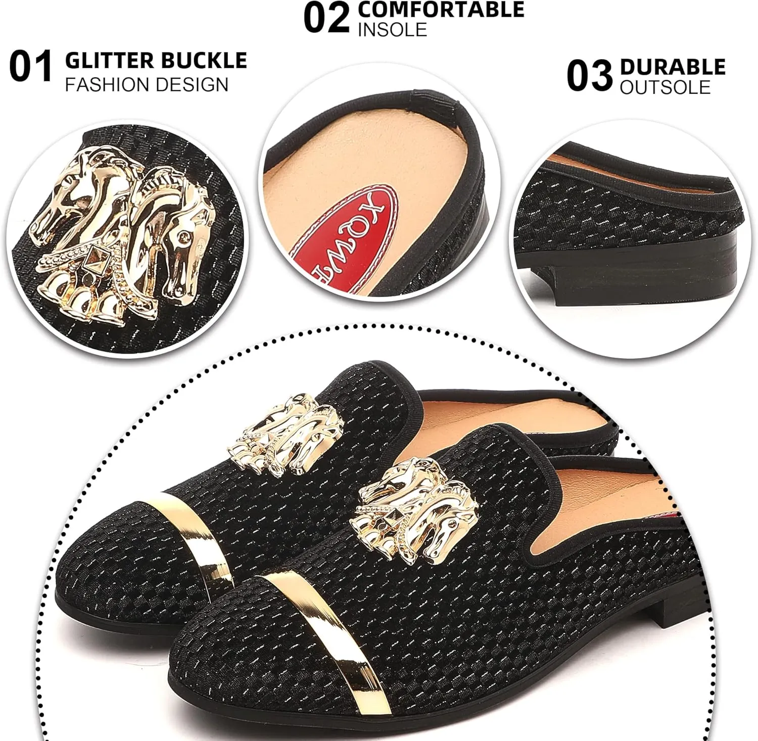 Men's Slip-on Mule Sandals Loafer with Gold Buckle,Fashion Leather Formal Wear Casual Backless Dress Slippers
