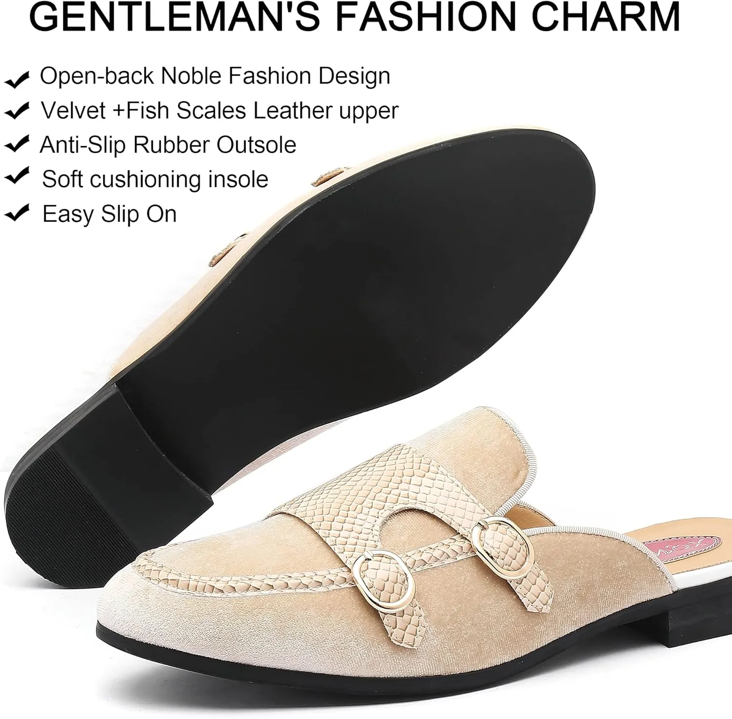 Men's Slip-on Mule Sandals Loafer with Gold Buckle,Fashion Leather Formal Wear Casual Backless Dress Slippers