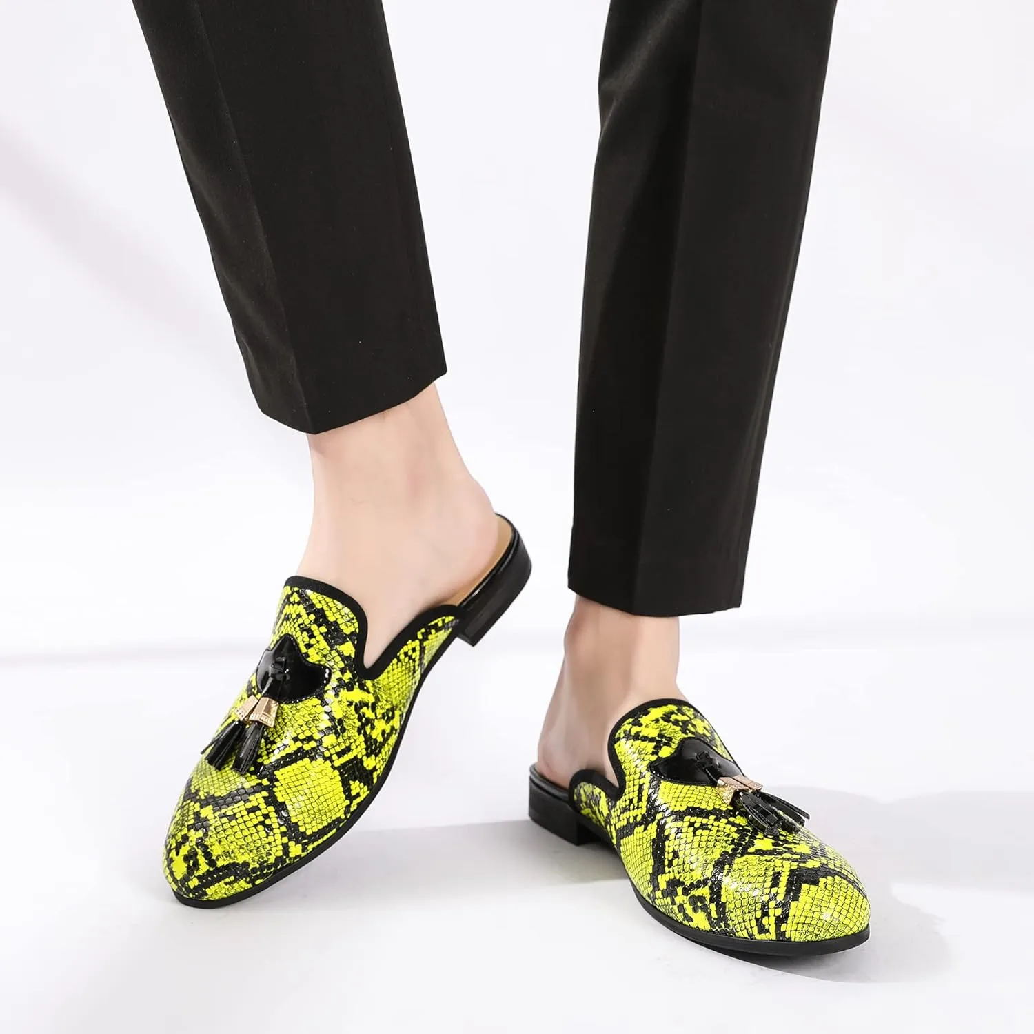 Men's Slip-on Mule Sandals Loafer with Gold Buckle,Fashion Leather Formal Wear Casual Backless Dress Slippers