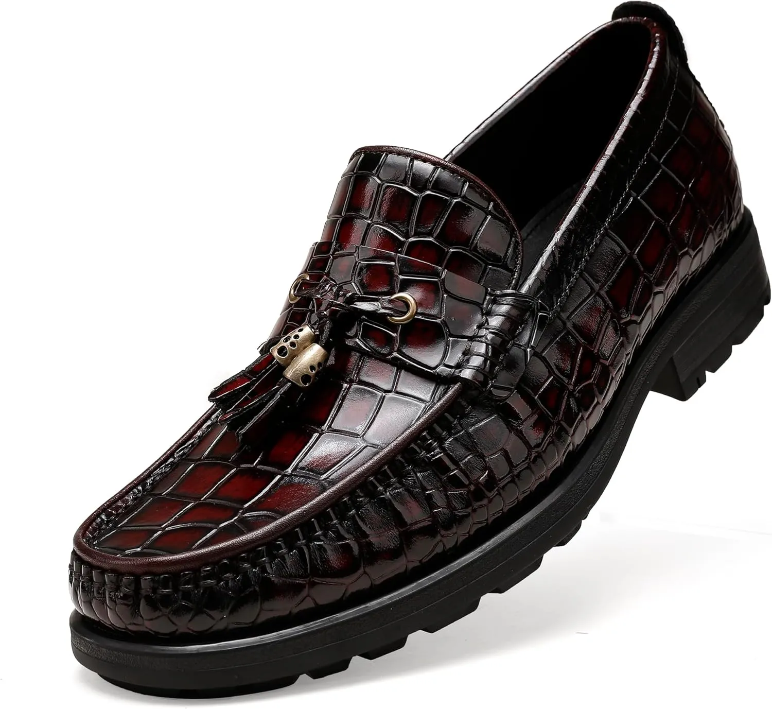 Men's Tassel Dress Shoes, Casual Crocodile Printed Tassel Loafer Handmade Slip-on Penny Loafer for Mens
