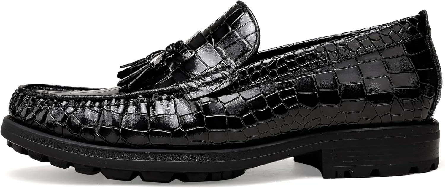 Men's Tassel Dress Shoes, Casual Crocodile Printed Tassel Loafer Handmade Slip-on Penny Loafer for Mens