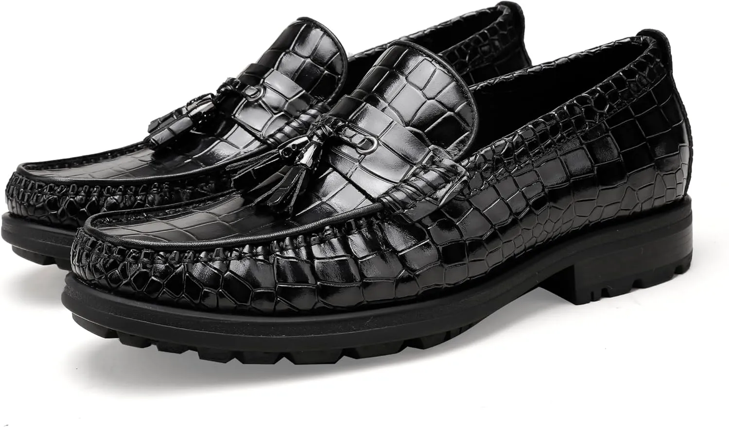 Men's Tassel Dress Shoes, Casual Crocodile Printed Tassel Loafer Handmade Slip-on Penny Loafer for Mens