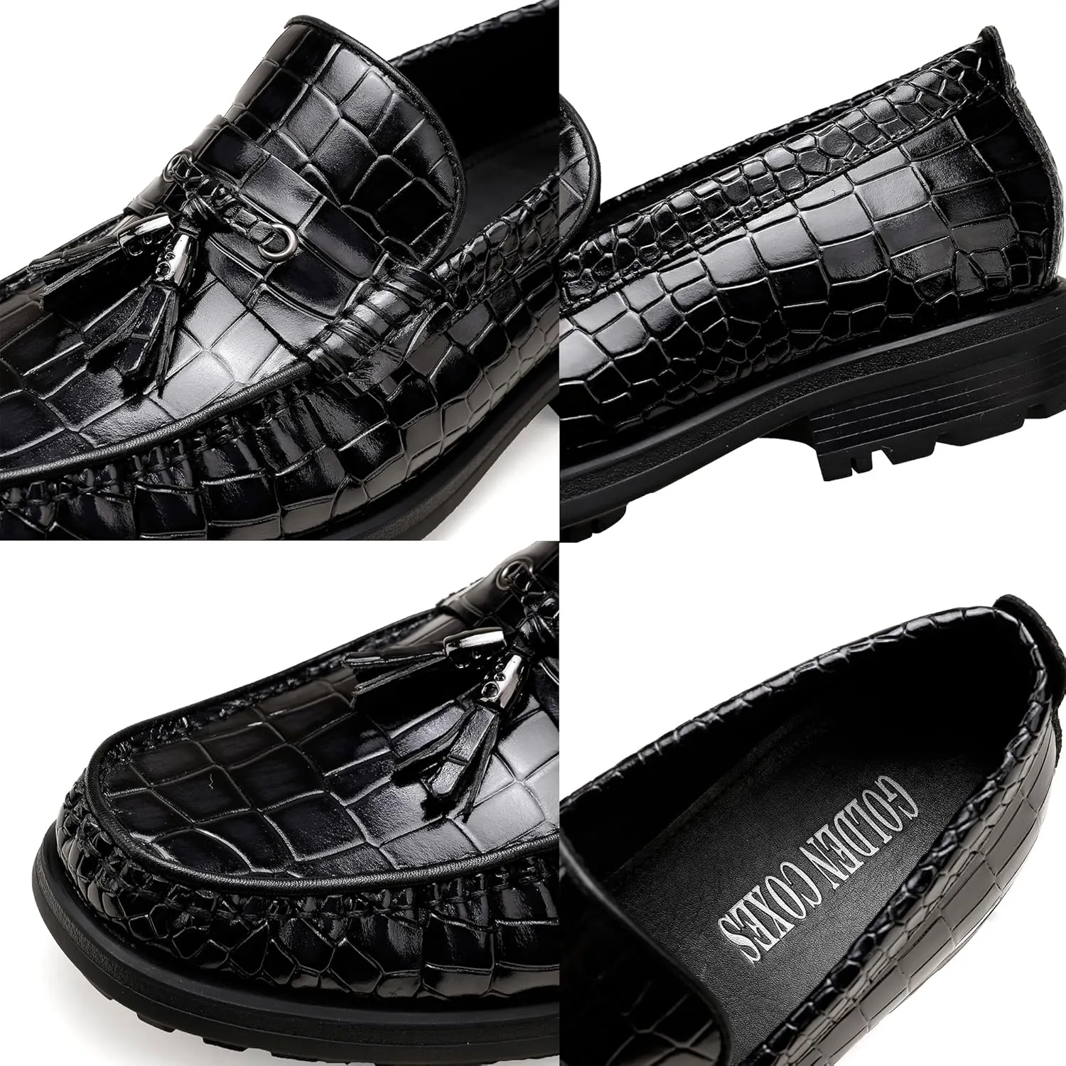 Men's Tassel Dress Shoes, Casual Crocodile Printed Tassel Loafer Handmade Slip-on Penny Loafer for Mens