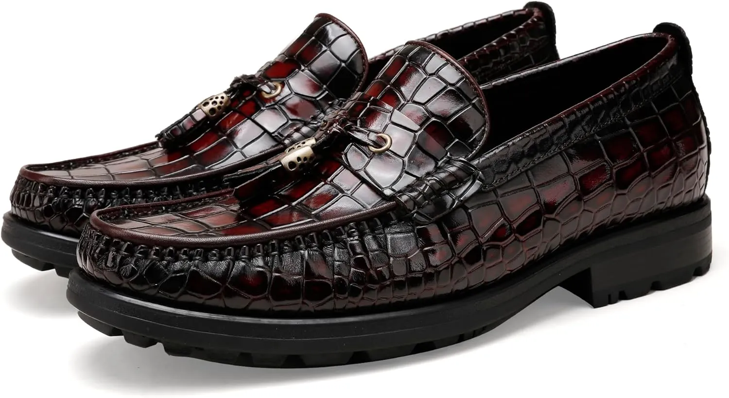 Men's Tassel Dress Shoes, Casual Crocodile Printed Tassel Loafer Handmade Slip-on Penny Loafer for Mens
