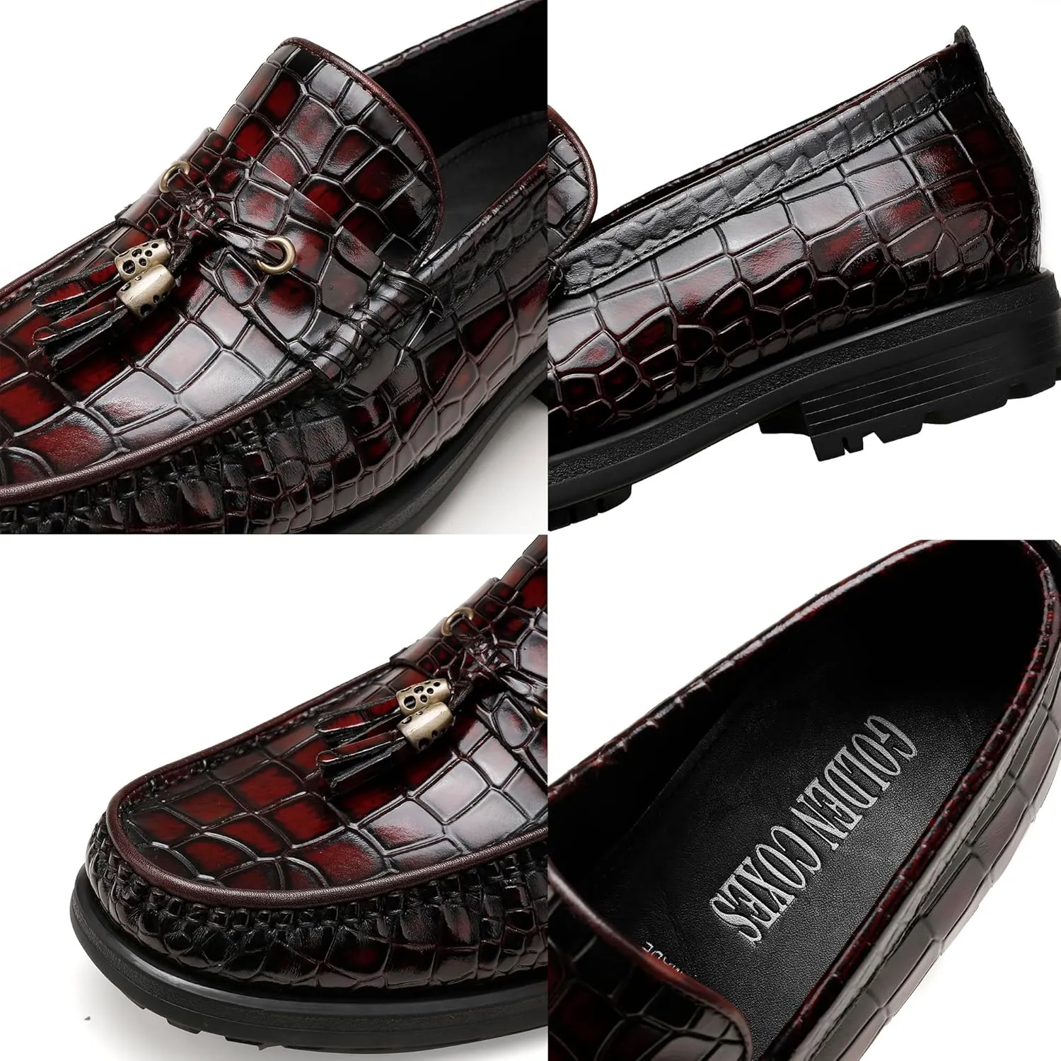 Men's Tassel Dress Shoes, Casual Crocodile Printed Tassel Loafer Handmade Slip-on Penny Loafer for Mens