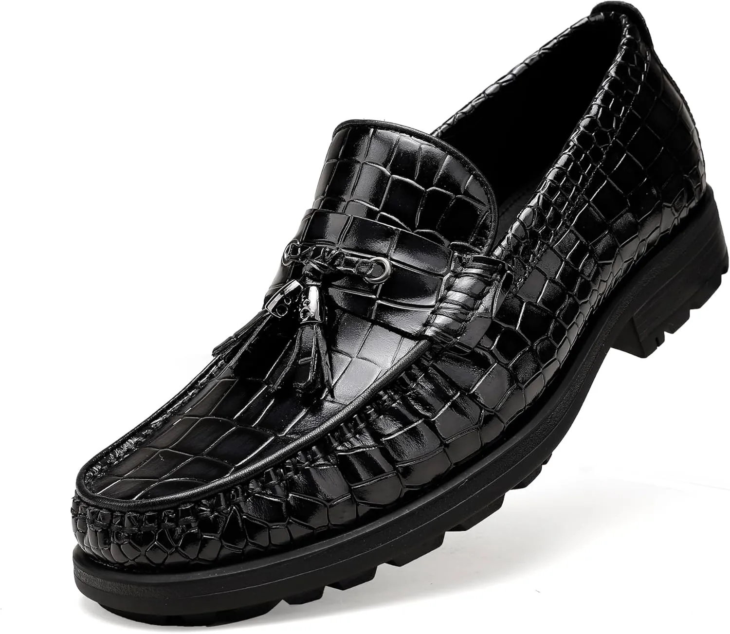 Men's Tassel Dress Shoes, Casual Crocodile Printed Tassel Loafer Handmade Slip-on Penny Loafer for Mens