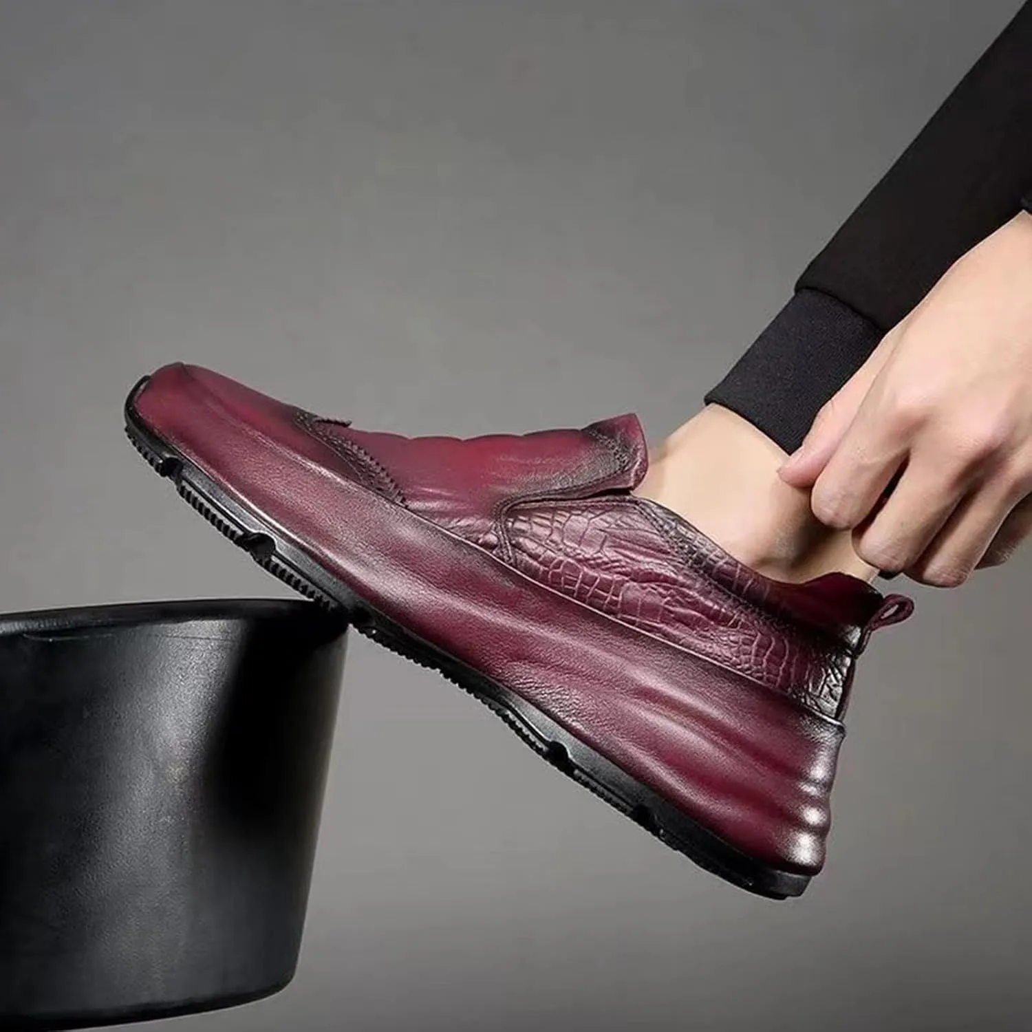 Men's Texture Loafer Shoes Genuine Leather Lightweight Non-Slip Walking Sneakers Slip-On Casual Dress Shoes