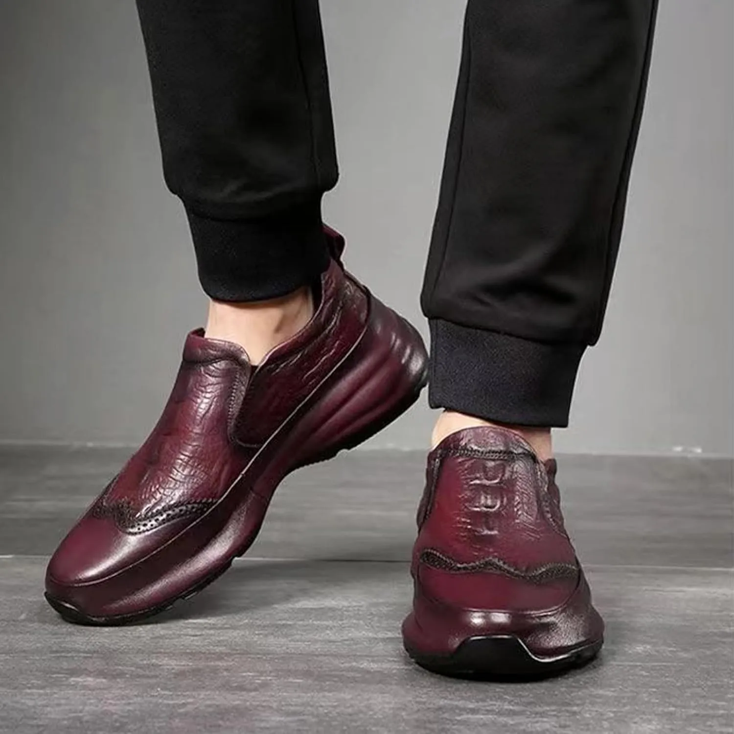 Men's Texture Loafer Shoes Genuine Leather Lightweight Non-Slip Walking Sneakers Slip-On Casual Dress Shoes