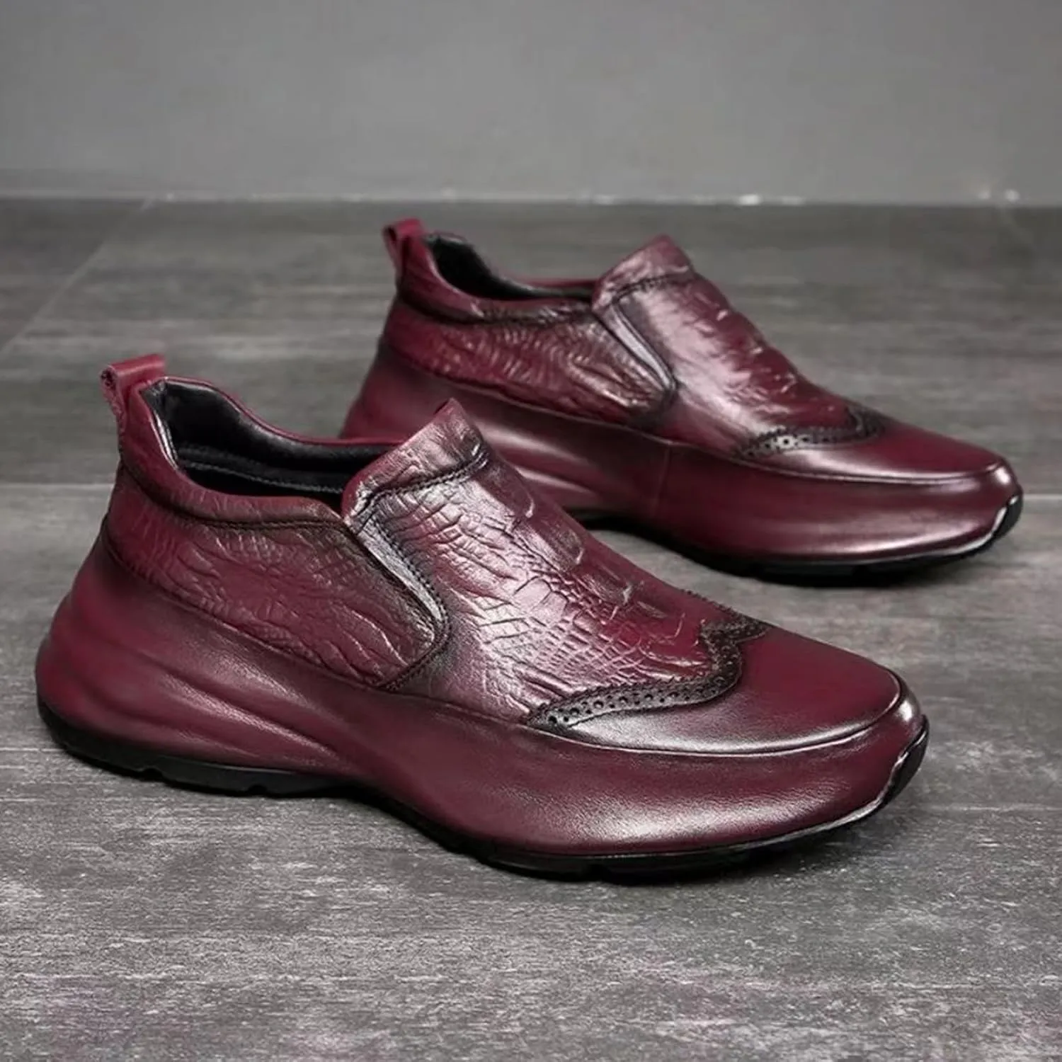 Men's Texture Loafer Shoes Genuine Leather Lightweight Non-Slip Walking Sneakers Slip-On Casual Dress Shoes