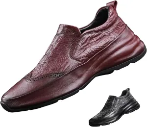 Men's Texture Loafer Shoes Genuine Leather Lightweight Non-Slip Walking Sneakers Slip-On Casual Dress Shoes