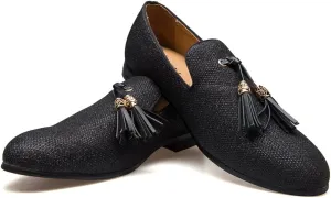 Men's Vintage Velvet Embroidery Noble Loafer Shoes Slip-on Loafer Smoking Slipper Tassel Loafer