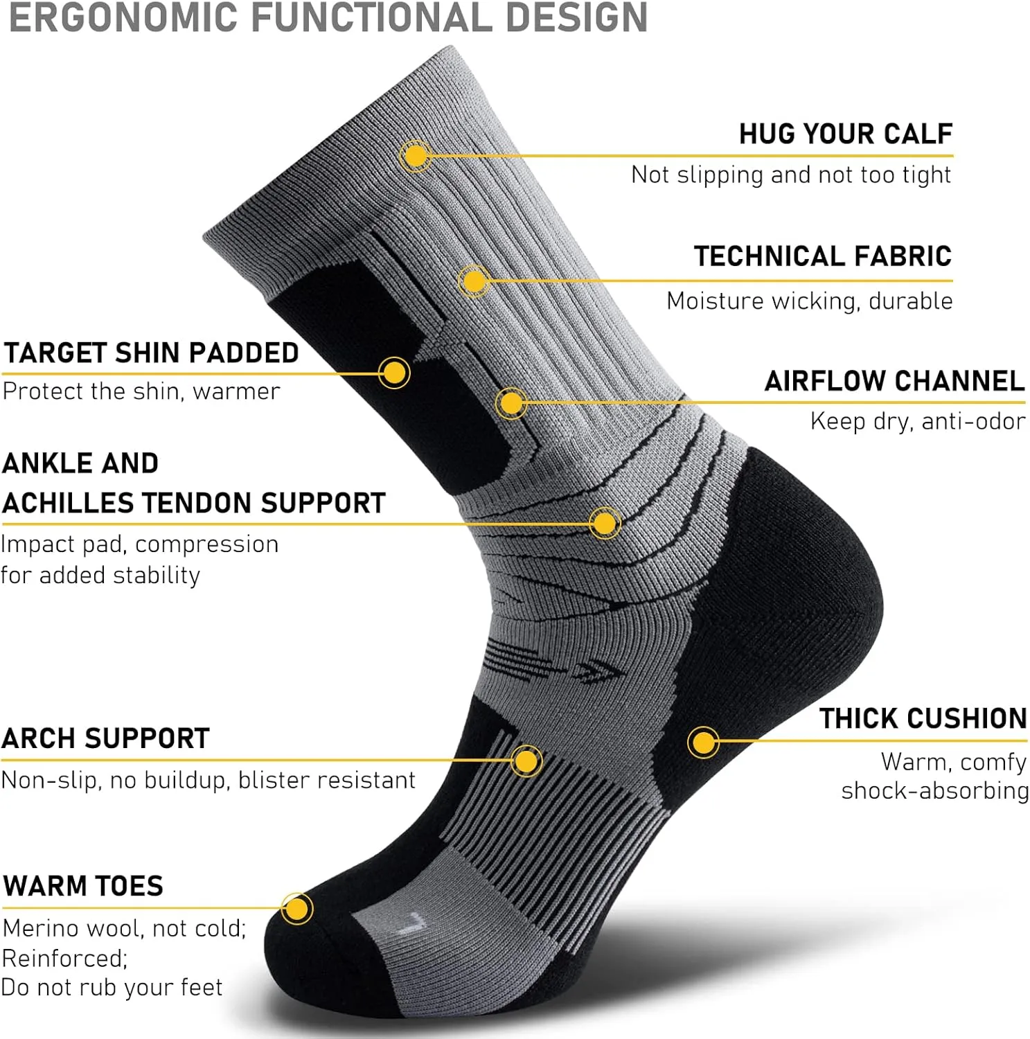 Merino Wool Hiking Walking Crew Socks 3 Pack, Cushion, Quick Dry