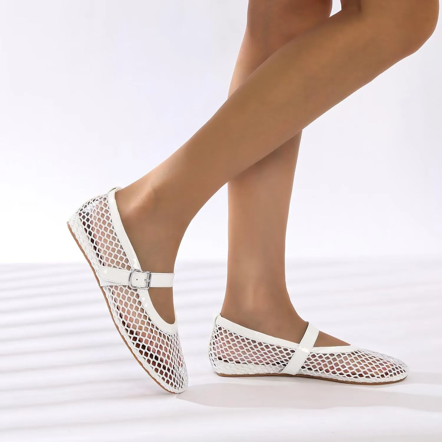 Mesh Flats for Women Ballerina Comfortable Mule Casual Round Toe Buckle Strap Ballet Mary Jane Shoes for Summer