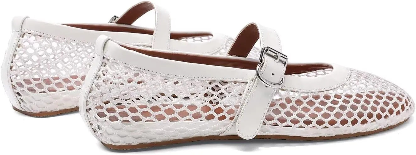 Mesh Flats for Women Ballerina Comfortable Mule Casual Round Toe Buckle Strap Ballet Mary Jane Shoes for Summer