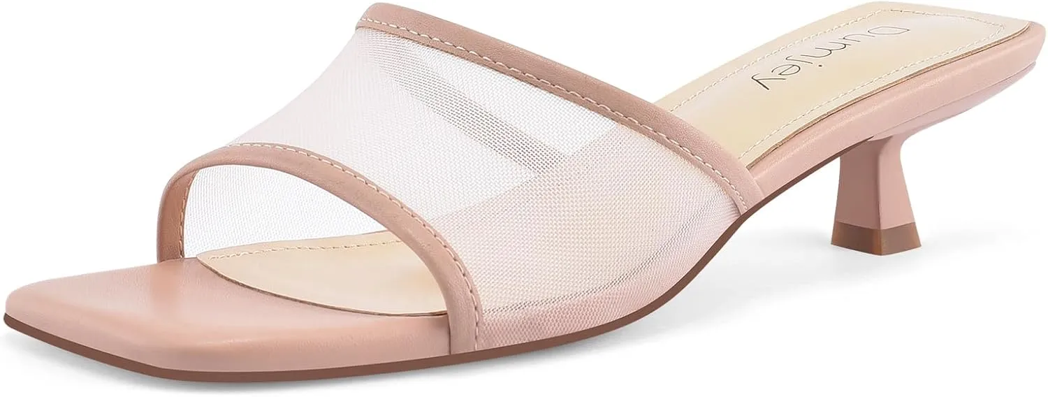 Mesh Heel Mules for Women Kitten Heeled Sandals Square Open Toe Comfort Slip On Casual Shoes