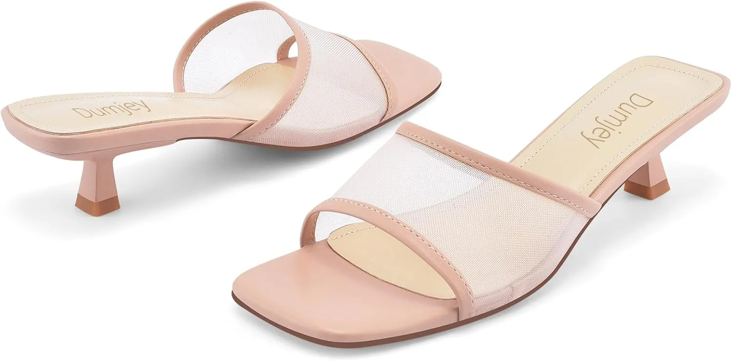 Mesh Heel Mules for Women Kitten Heeled Sandals Square Open Toe Comfort Slip On Casual Shoes
