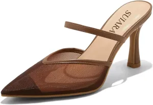 Mesh Kitten Heels for Women Pointed Closed Toe Mule Heeled Sandals Sexy Slip On Dress Pumps