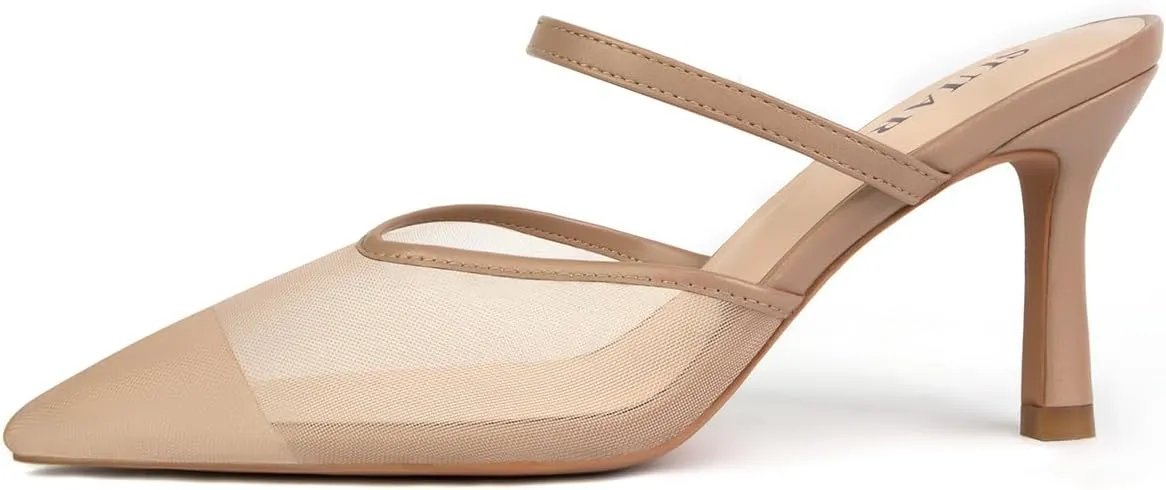 Mesh Kitten Heels for Women Pointed Closed Toe Mule Heeled Sandals Sexy Slip On Dress Pumps
