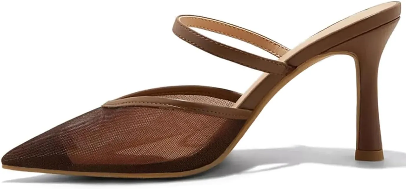 Mesh Kitten Heels for Women Pointed Closed Toe Mule Heeled Sandals Sexy Slip On Dress Pumps